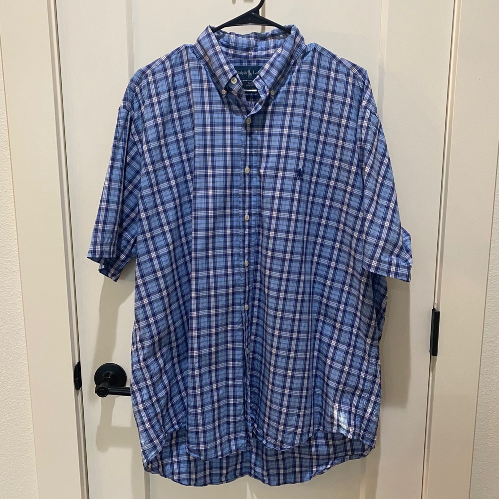 Ralph Lauren Blake Shirt Mens Large Blue Plaid Short Sleeve Cotton Button Down